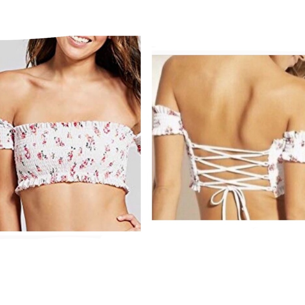 Bohemian Crop Top Floral Off Shoulder Smocked Underwire Shirred  Size Large